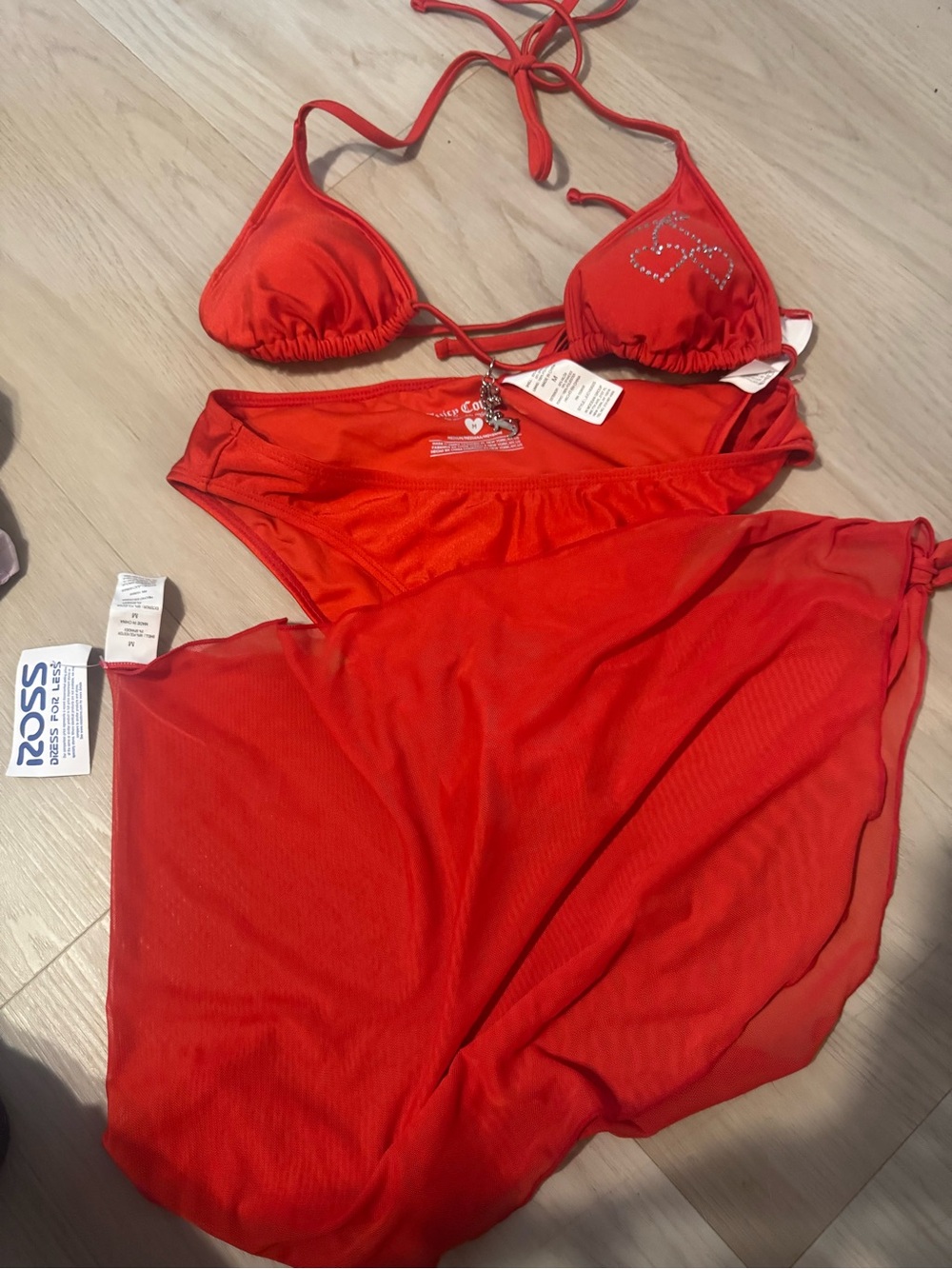 Juicy Couture Red Triangle Bikini Set with Sheer Cover-Up - Women